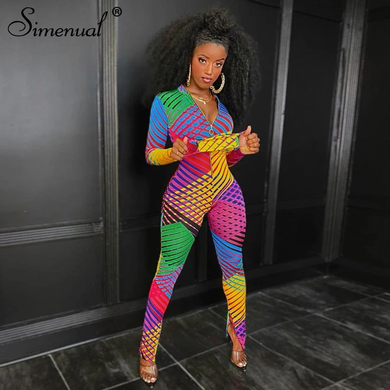 

Simenual Geometry Print Workout Skinny Long Sleeve Jumpsuits Women Zipper Autumn Winter Fashion One Piece Jumpsuit 2021 Outfits