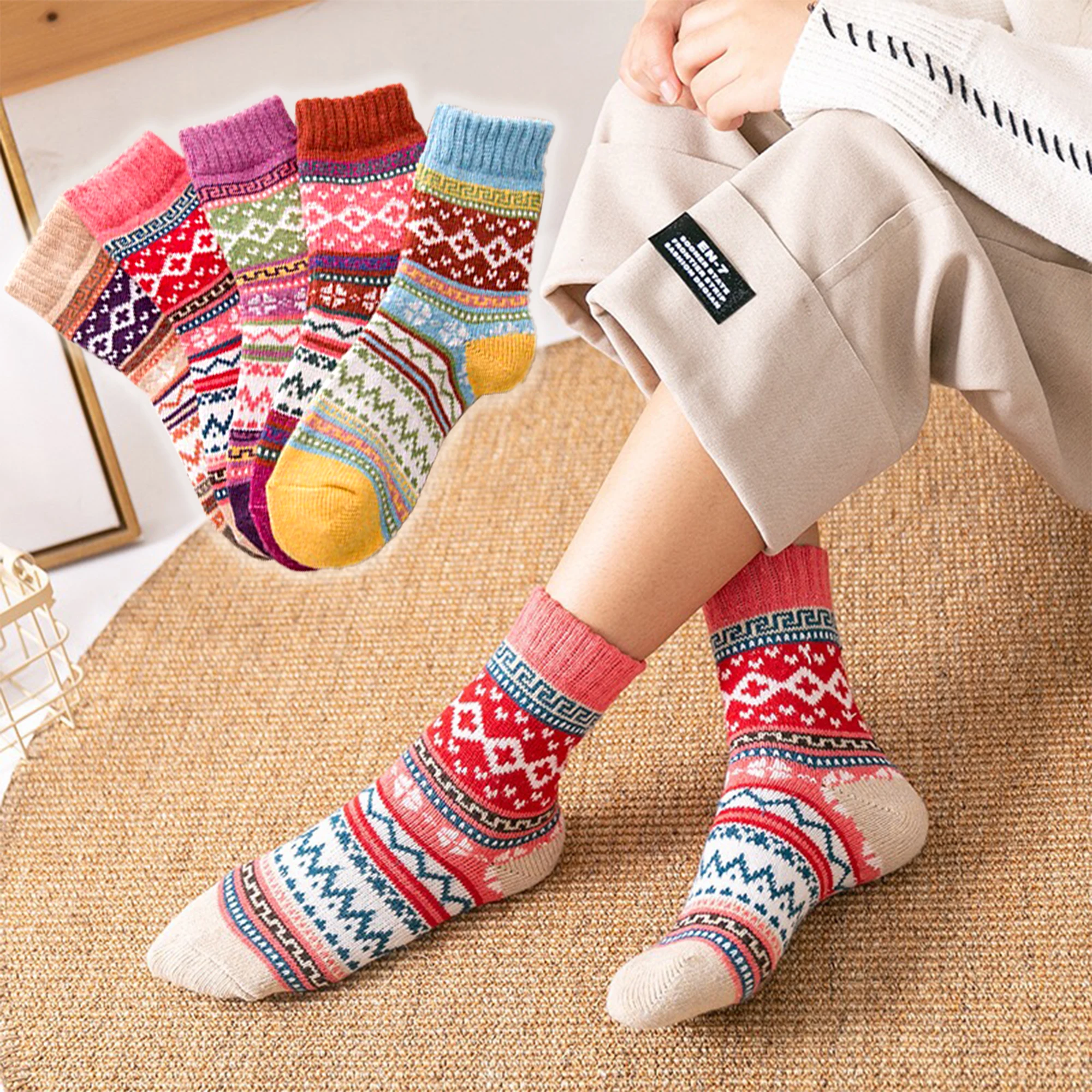 Носки женские шерстяные в стиле Харадзюку повседневные Полосатые Ретро