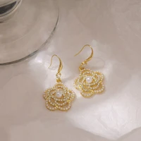 rhinestone flower stud earrings inlaid pearl ear studs golden plant camellia stud earrings women girl earrings gift for friends