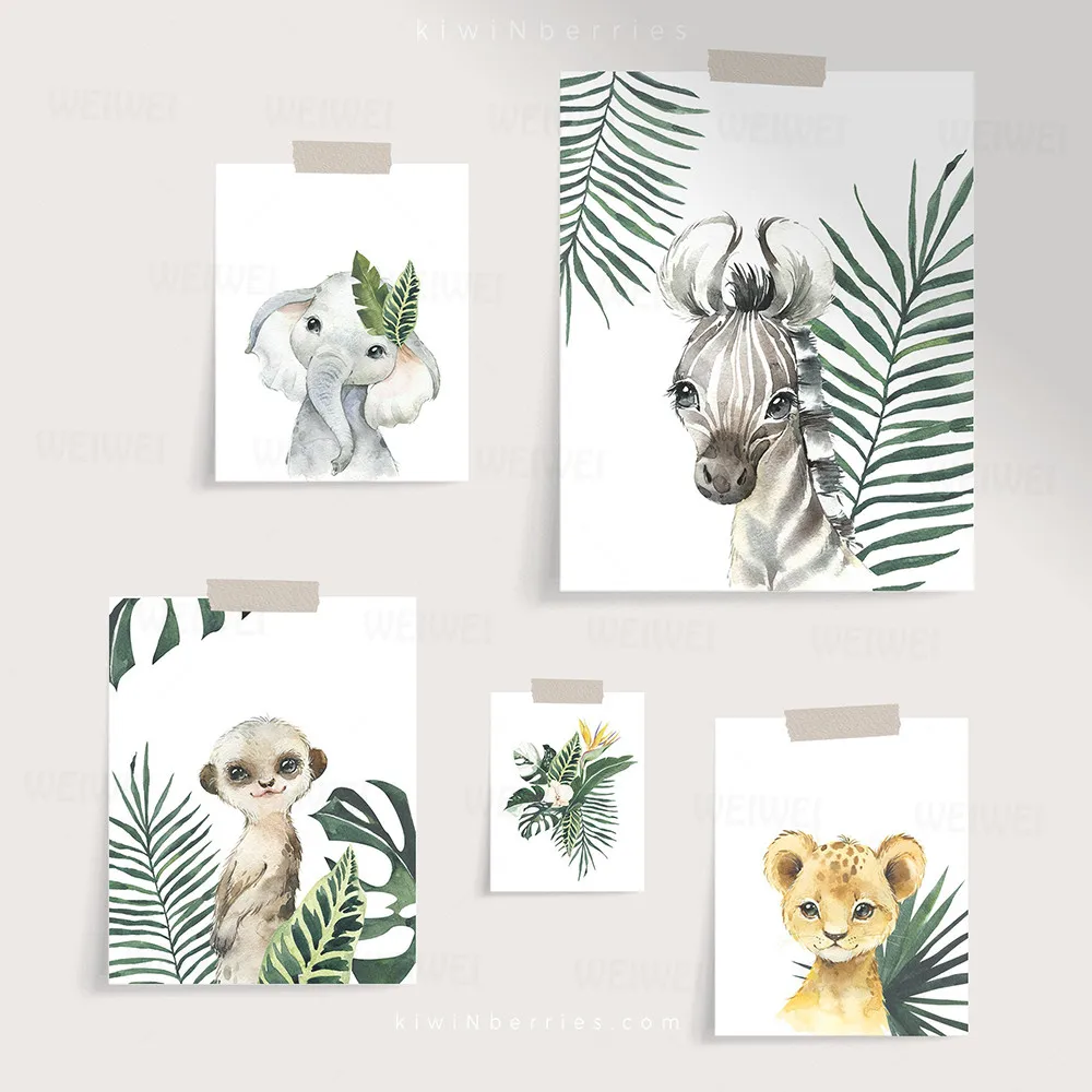 

Giraffe Elephant Lion Jungle Nordic Posters and Prints Green Leaf Wall Art Canvas Painting Pictures for Boys Living Room Decor