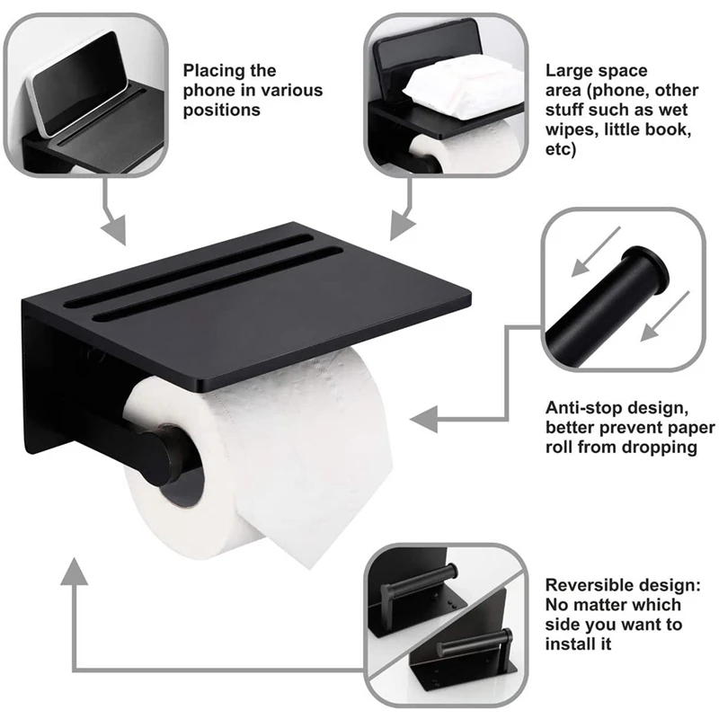 

Toilet Paper Holder with Shelf - Black Anti-Rust Aluminum Tissue Roll Holder with Phone Shelf for Modern Bathroom