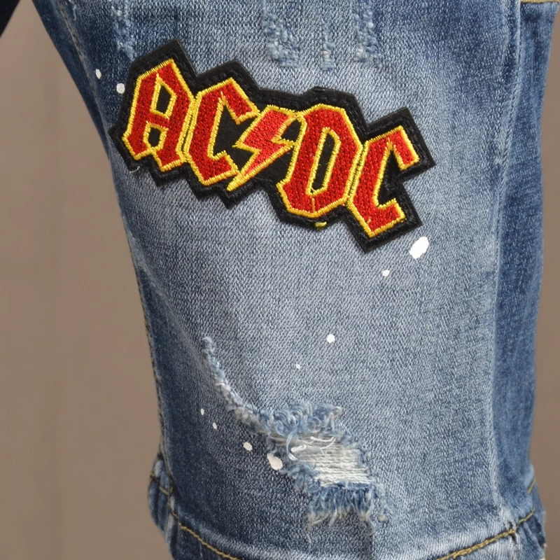 Summer Men Blue Ripped Patches Denim Shorts Fashion Casual Letter Embroidery Short Jeans