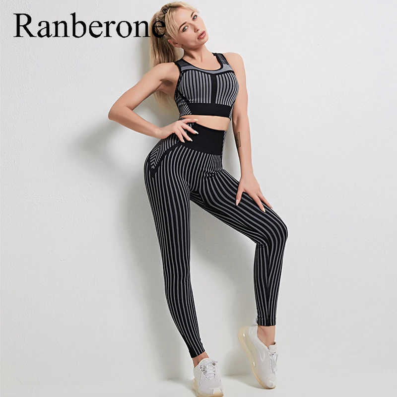 Ranberone 2 Piece Set Women Sport Suit Seamless Yoga Wear Fitness Sports Vest + Running Leggings Gym Clothing Sportswear