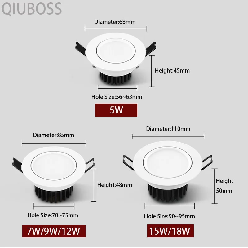 Round Dimmable LED Downlight Recessed Ceiling Lamps AC90-260V 5W/7W/9W/12W/15W/18W COB Background Light Indoor Lighting | Лампы и