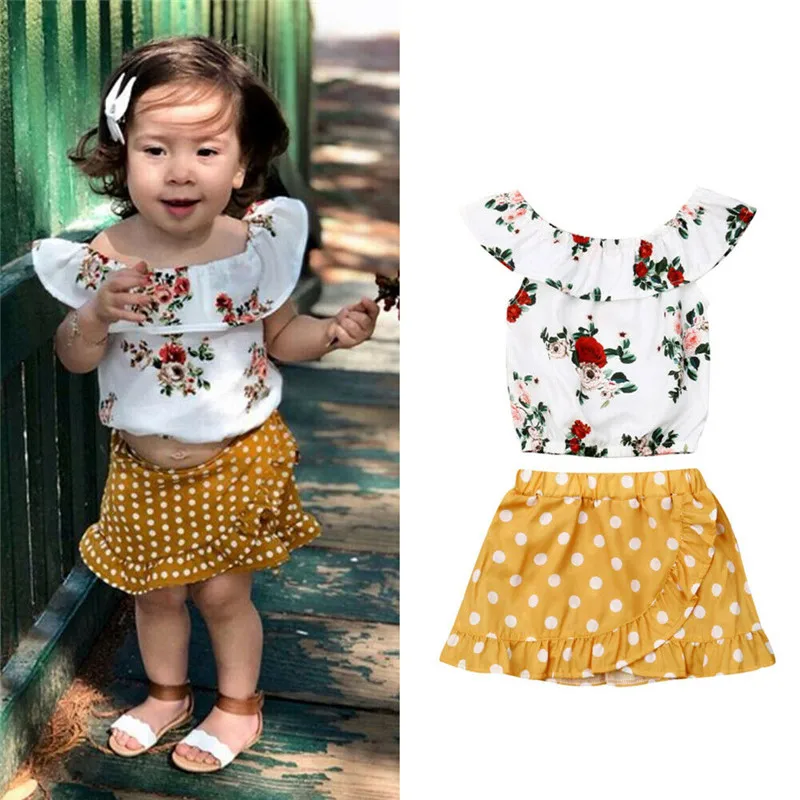 Комплект одежды из 2 предметов с желтой юбкой в горошек Белый топ открытыми