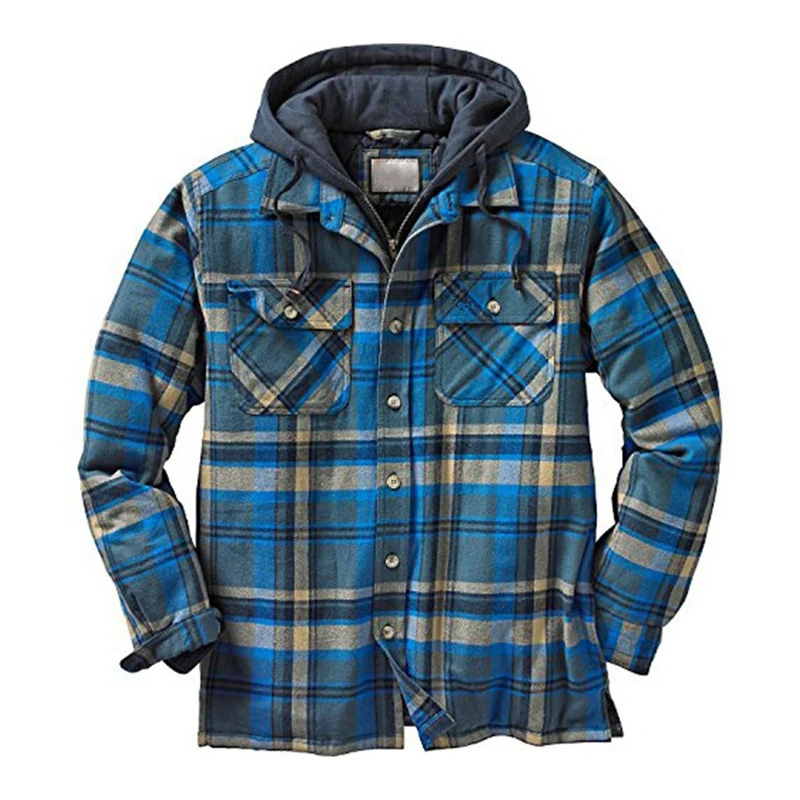 

Quilted Thick Plaid Long-Sleeved Loose Jacket Men's Hoodie Quilted Lined Flannel Hooded Full-Zip Shirt Jacket TT@88