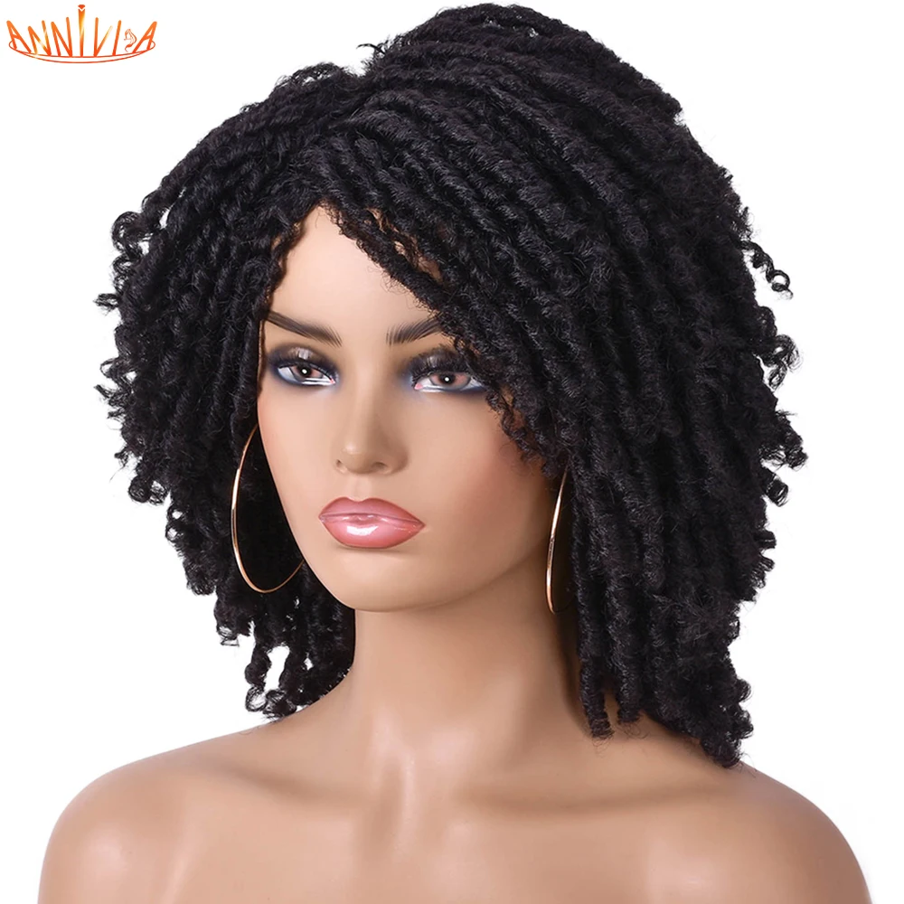 

Short Soft Dreadlock Synthetic Wigs For Black Women Afro Kinky Curly Hair With Bangs Ombre Brown Crochet Twist Hair Annivia