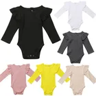 Комбинезон для новорожденных в стиле унисекс, хлопковый комбинезон с длинным рукавом, с оборками, однотонный, бежевого, белого, черного, розового цветов, для младенцев, 0-24 мес.