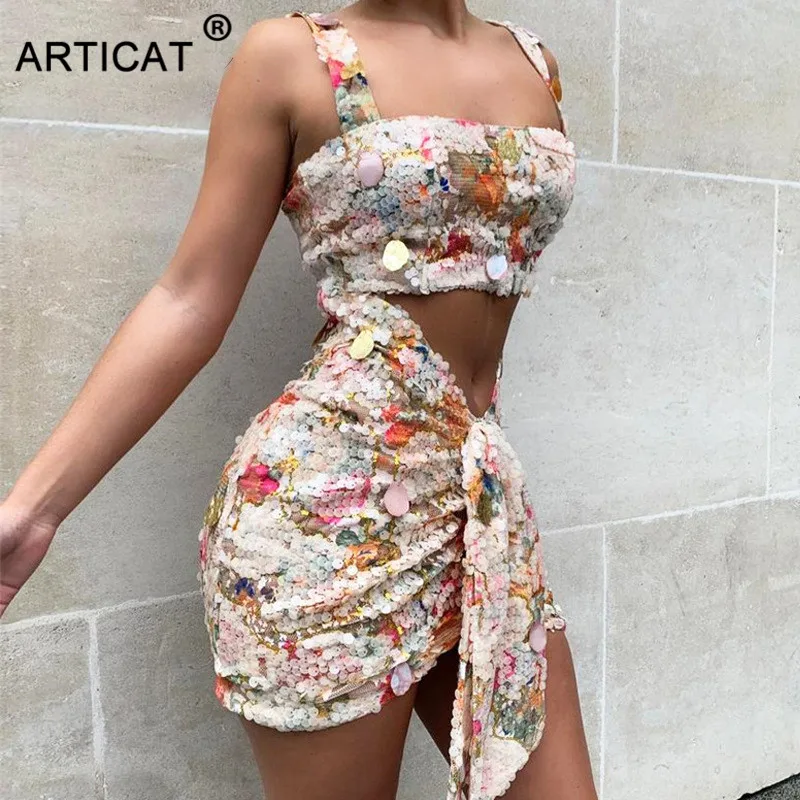 Многоцветный Articat/вечерние комплекты из двух предметов с блестками; женские топы на бретелях; драпированные комплекты с юбкой-пачкой; Клубные женские наряды; комплект из 2 предметов - Цвет: Многоцветный