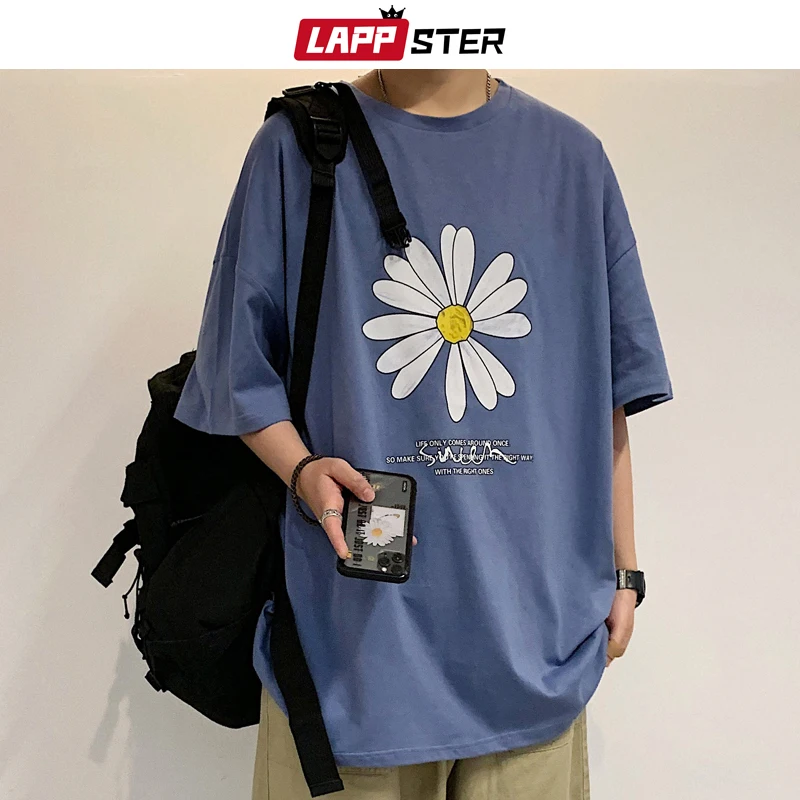 

LAPPSTER Men Summer Dirty Flower Harajuku T-shirts 2022 Man Casual Japanese Streetwear White Tshirts Male Korean Cotton Clothing