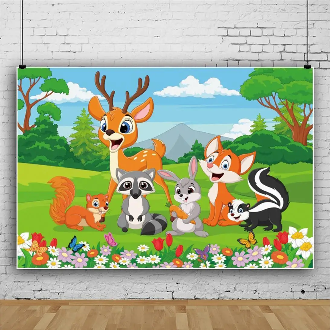 

Spring Forest Zoo Sika Deer Fox Background Children Birthday Baby Show Party Table Decoration Photography Photo Vinyl Backdrop