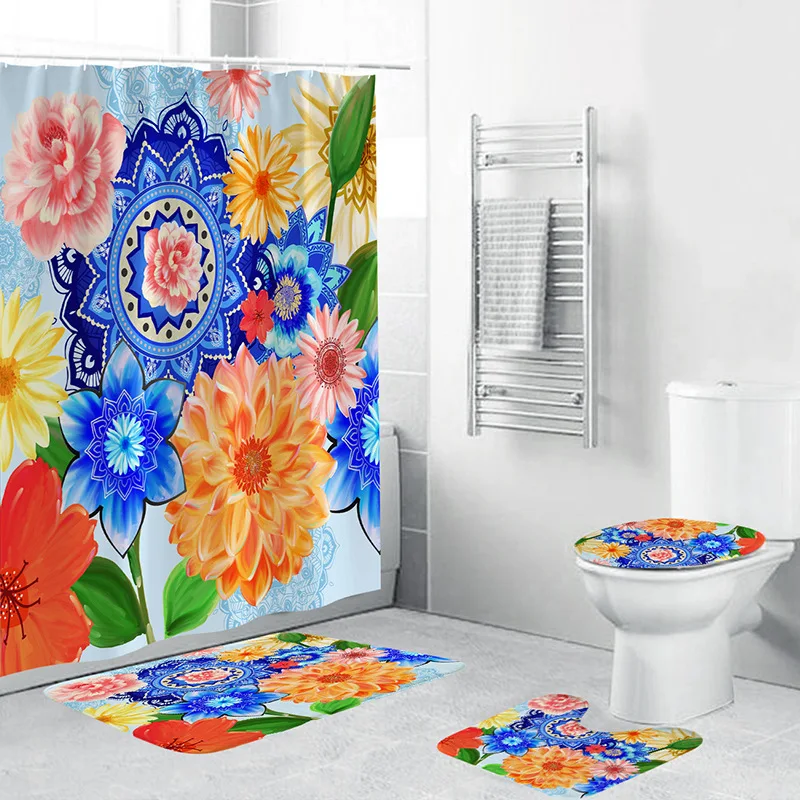 

New Bohemia Shower Curtain Set with Rug Bath Mat Bathroom Waterproof Curtains Non Slip Carpet Durable Toilet Cover Bathtub Decor