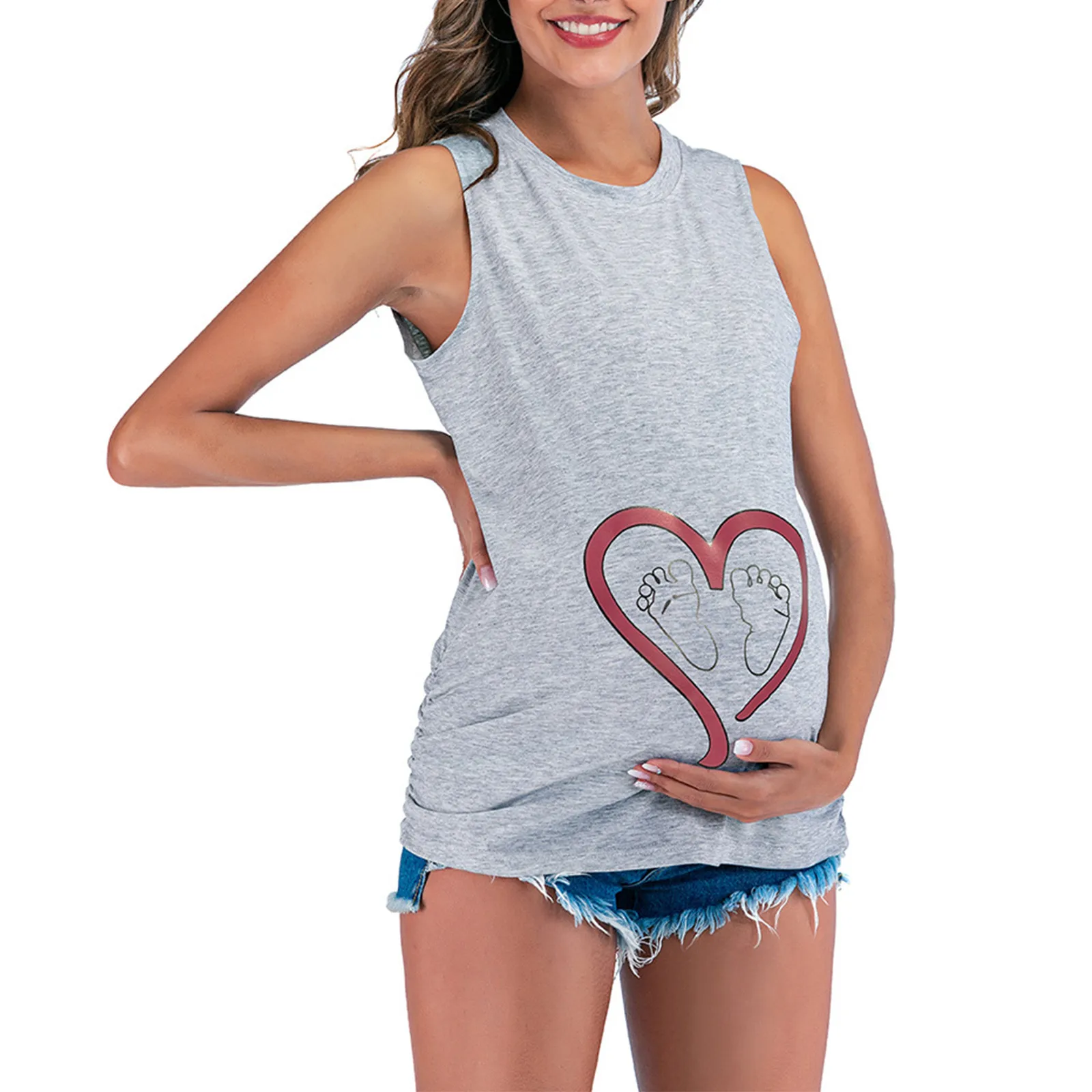 

Maternity Clothes Woman Round Neck Sleeveless Vest Heat Baby Feet Print Solid Color Pregnancy Tank Tops