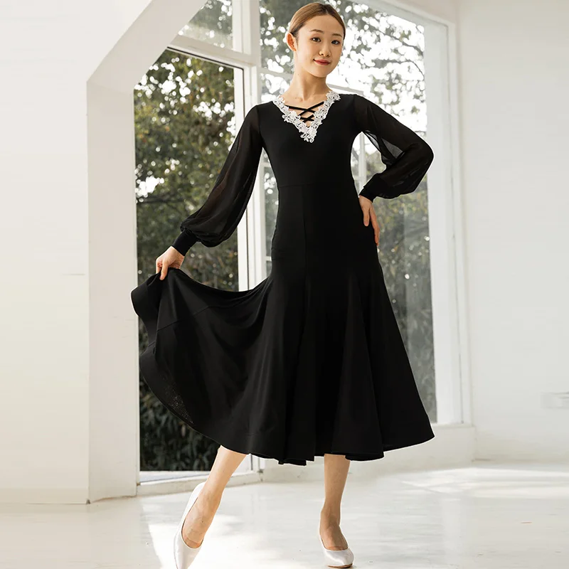 

Black Modern Dance Suit New Lantern Sleeve Latin Dance Dress Female Large Swing Dress Ballroom Dance Performance Clothing SL6102