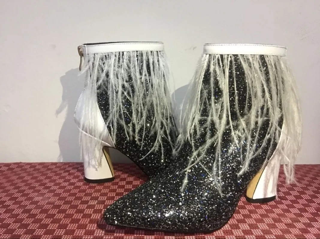 

Hot Sale US4-11 Womens Pointed Toe Sequins Bling Feather Tassels Ankle Boots Chunky High Heel Shoes Match Colors Plus Size Shiny