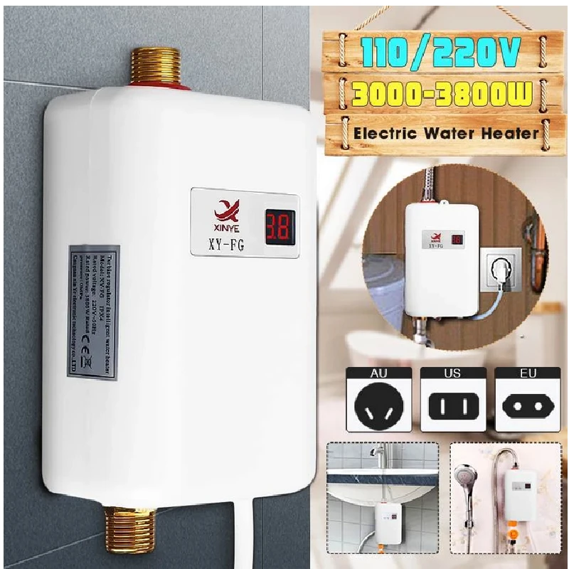 110/220V 3800W Tankless Electric Water Heater Bathroom Kitchen Instant Water Heater Temperature display Heating Shower Universal