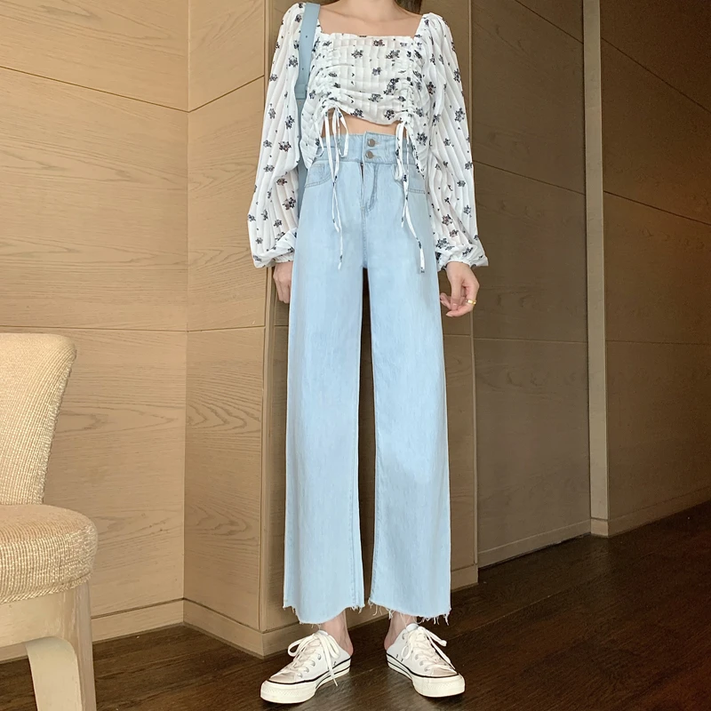 

2020 Fashion Harajuku Straight Pants High Waist Double Button Wide Leg Pants Women Lightweight Women Jeans Pantalon Femme