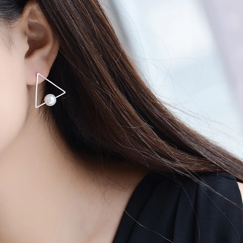 

Fashion Women 925 Sterling Silver Triangle Simulated Pearl Stud Earrings Brincos