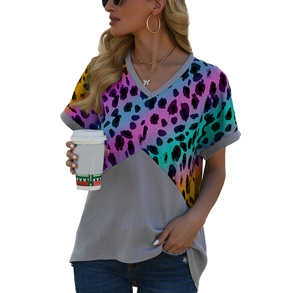 

Summer Tees Leopard Patchwork T Shirt Women V Neck Short Sleeve Casual Tops Female Women Clothing Loose T Shirt Top