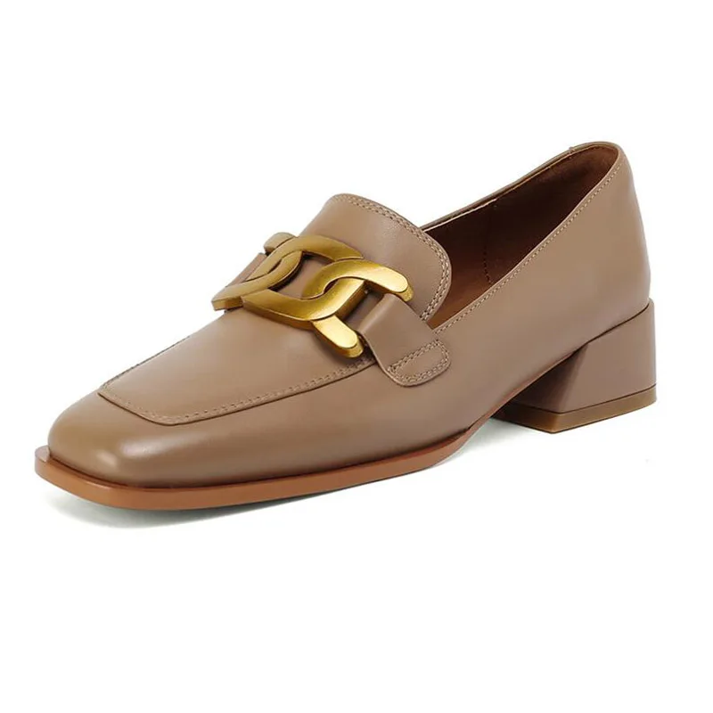 

New 2021 Spring Metal Buckle Luxury Women Loafers Slip On Ladies Black Apricot Genuine Leather Shoes Thick Heels Brand WIN4-12