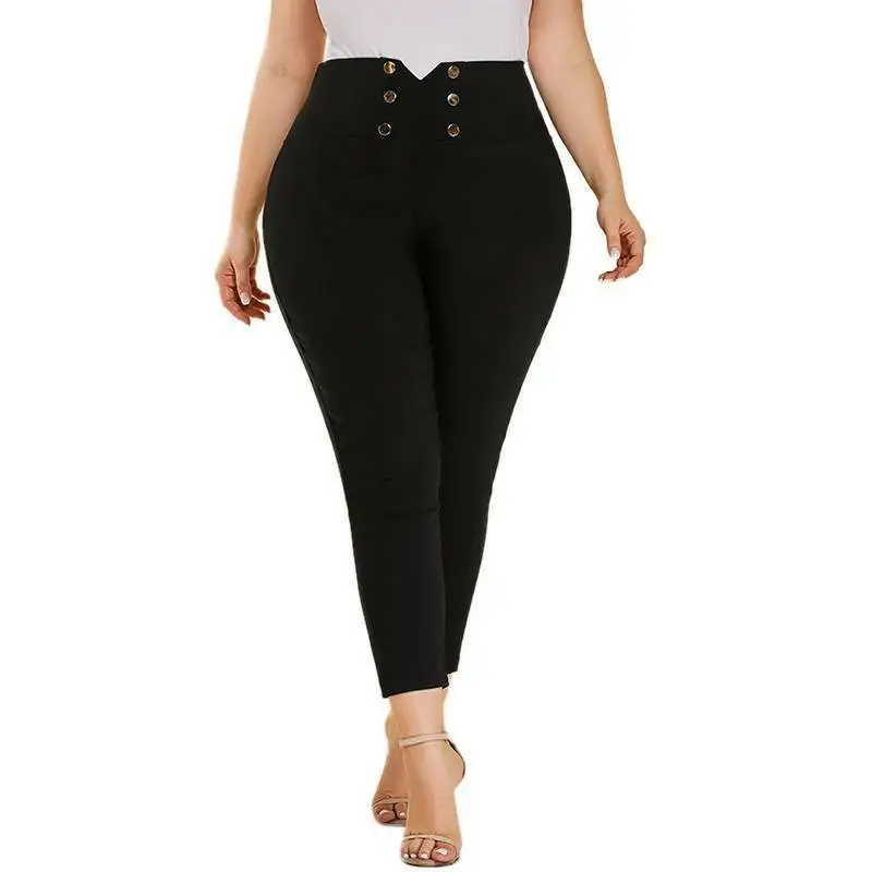 

MoniGram Plus Size Women High Waisted Slim Trousers Bottom Leggings Stretchy Button Pants