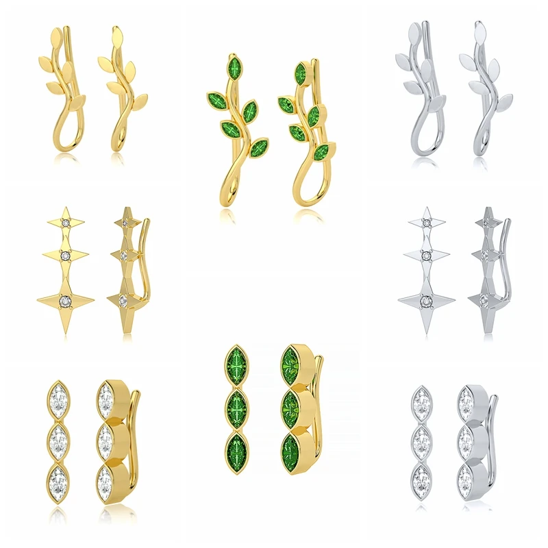 

Aide 925 Sterling Silver Green Leaf Branch Stud Earrings for Women Clear Oval Zircon Star Ear Stud Ear Climbers Wedding Jewelry