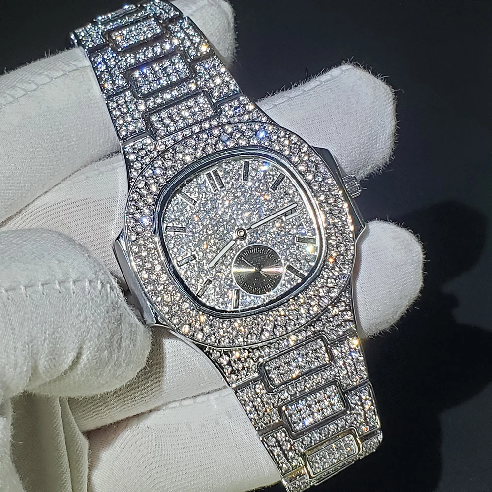 

Hiphop MISSFOX 44MM Men Diamond Watch Quartz Platinum Hip Hop Luxury Top Brand Iced Wristband Watches CZ Stainless Steel Watch