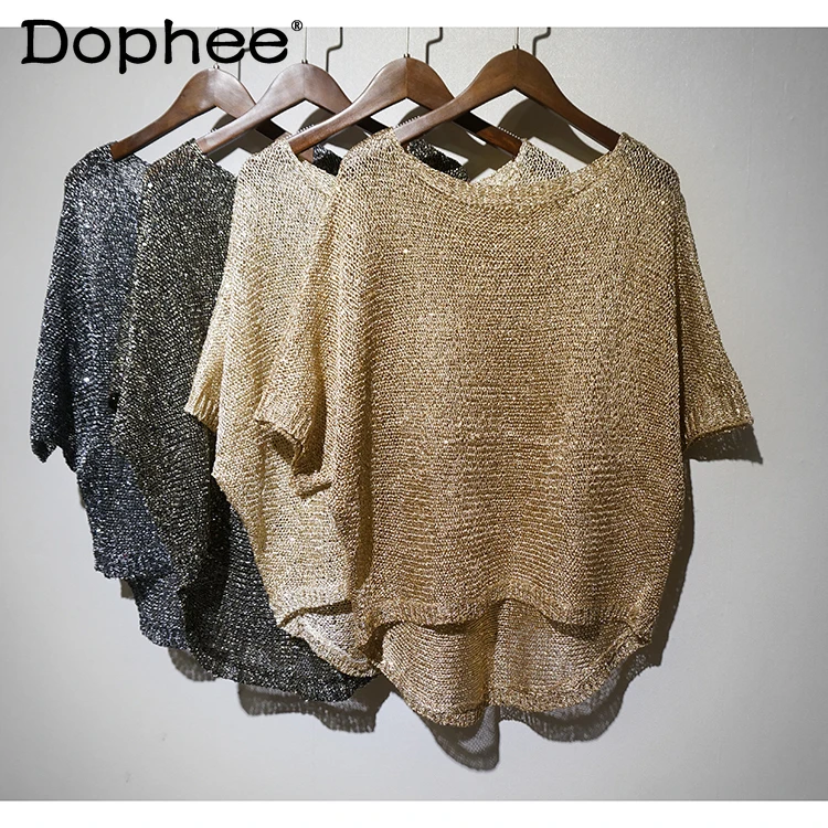 

Женский тонкий свободный свитер, прозрачный шелковый пуловер с блестками и рукавом «летучая мышь», с защитой от солнца, весна-лето 2021