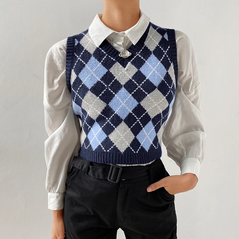 

ZOGAA Korean Style V-neck Vintage Geometric Argyle Short Waistcoat Pullovers Tops Sweater Vest Autumn Women Sexy Knitted Vest