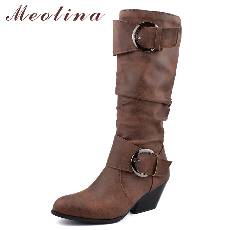 

Meotina Autumn Knee High Boots Women Pleated Spike Heels Long Boots Buckle Pointed Toe Shoes Female Winter Black Plus Size 34-46