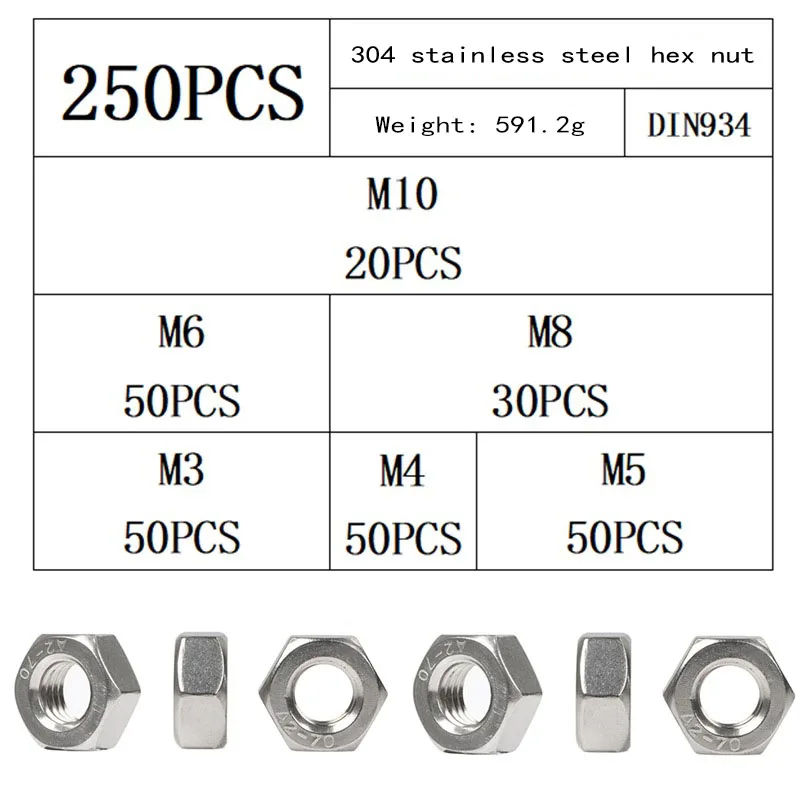 250 шт. M3 M4 M5 M6 M8 M10 набор гаек 304 Шестигранная гайка из нержавеющей стали в коробке с