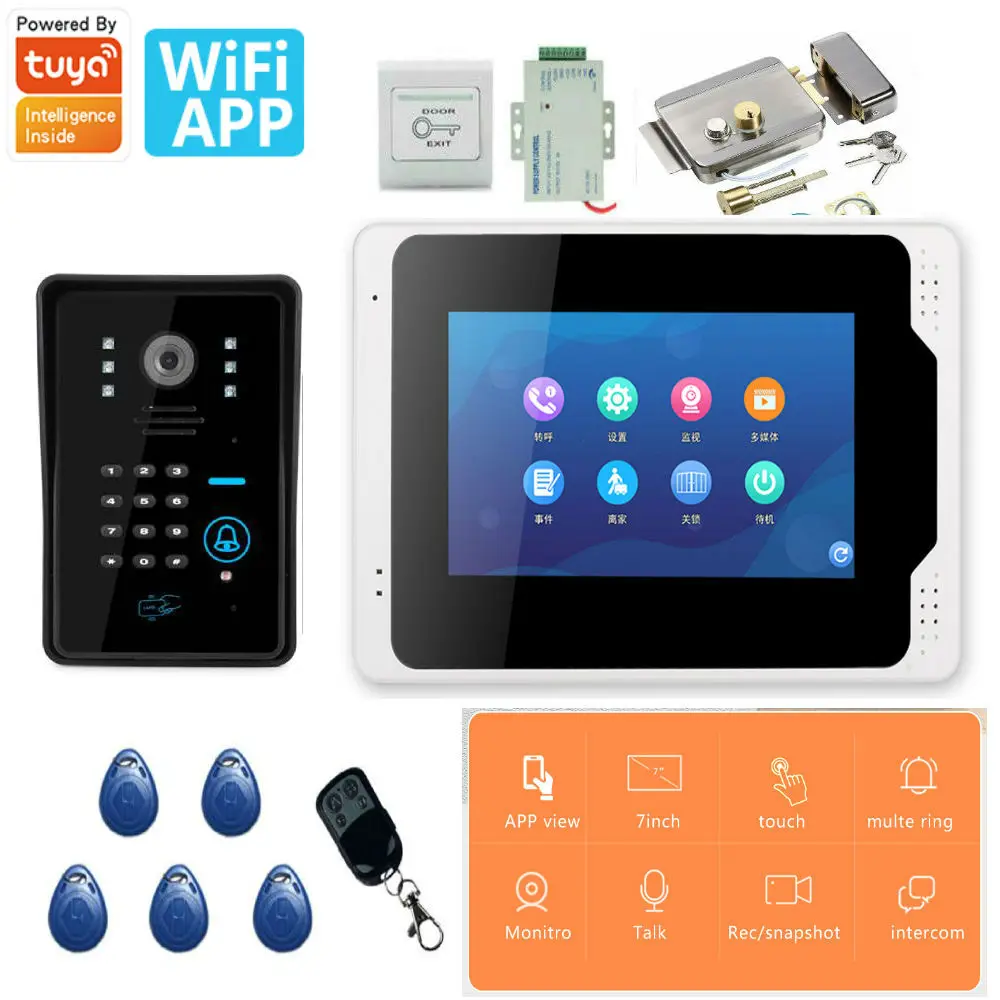 7inch Wireless Wifi/Wired Video Door Phone Doorbell Intercom Entry System with RIFD card Camera Night Vision WIFI connect 8 APP |