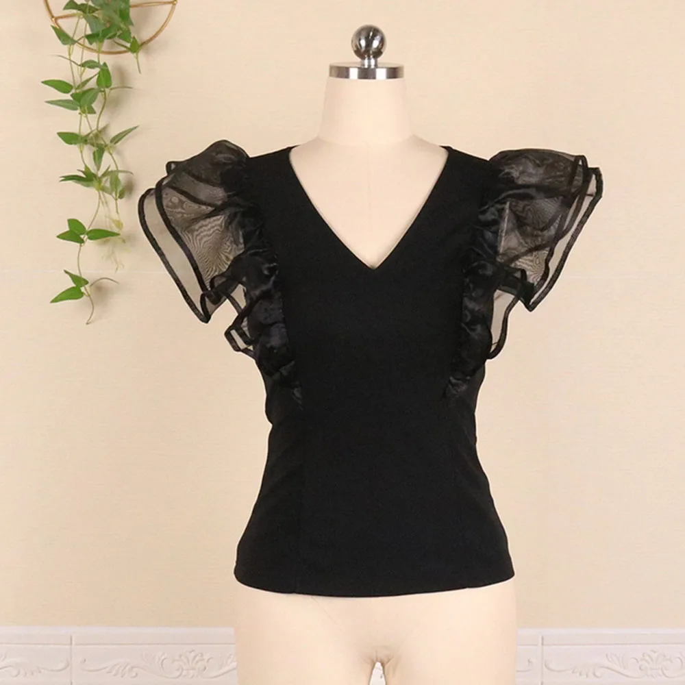 

Women Blouse Spring Summe Fashion Casual Blusa All-match Designer Organza Plus Size Office Ladies Sexy V-neck Shirt 2021