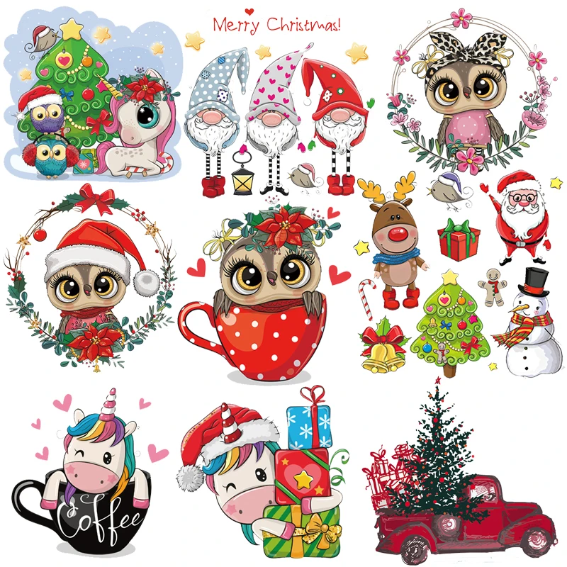 

Christmas Owl Thermal Heat Transfer For Clothing Iron On Unicorn/Santa Claus Transfers For Clothes Applique For Washable T-shirt