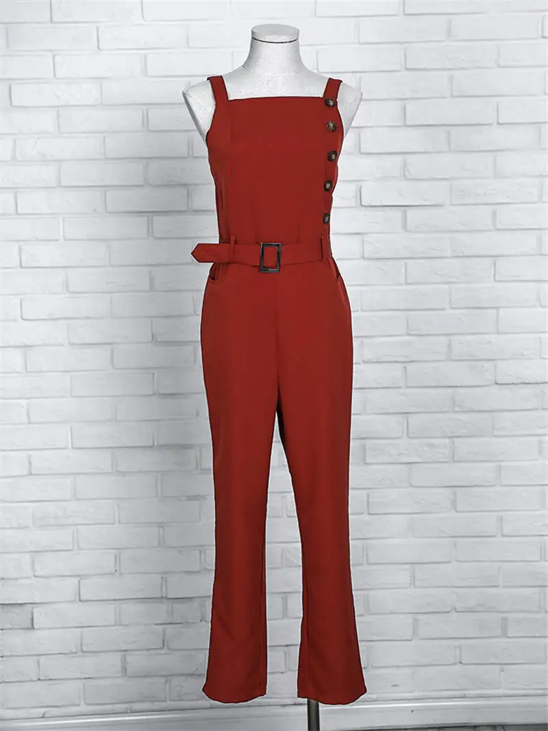 2019 Fashion Summer Women Stylish Elegant Casual Red Slinky Romper Female Sleeveless Solid Color Button Design Jumpsuit | Женская одежда