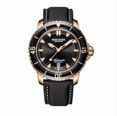 Reef Tiger/RT супер светящиеся часы для дайвинга 200 м Водонепроницаемые Мужские аналоговые автоматические часы с синим циферблатом нейлоновый ремешок RGA3035 SINOWATCH - Цвет: black rose gold