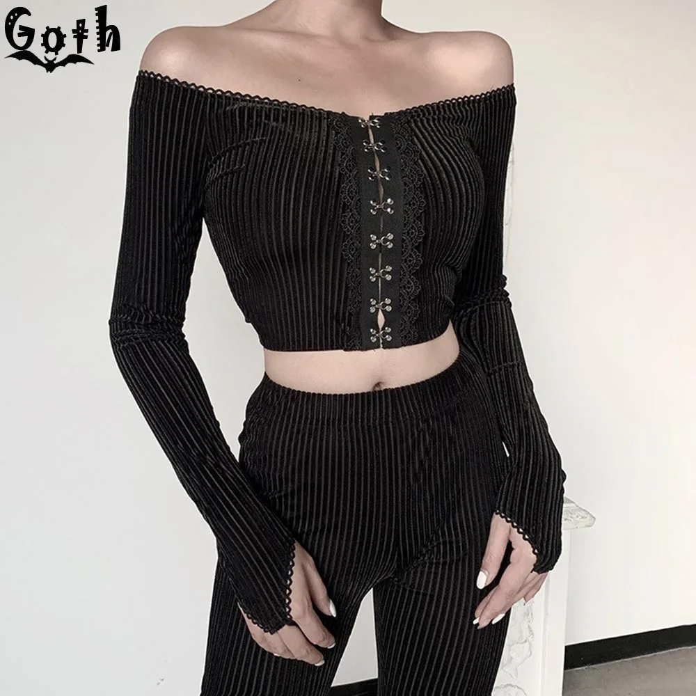 Goth Сексуальная Блузка с открытыми плечами женская прозрачная готическая Черная