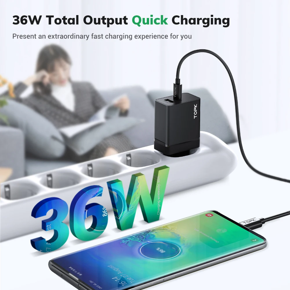 TOPK 36 Вт PD + QC3.0 USB C зарядное устройство быстрая зарядка настенный адаптер питания