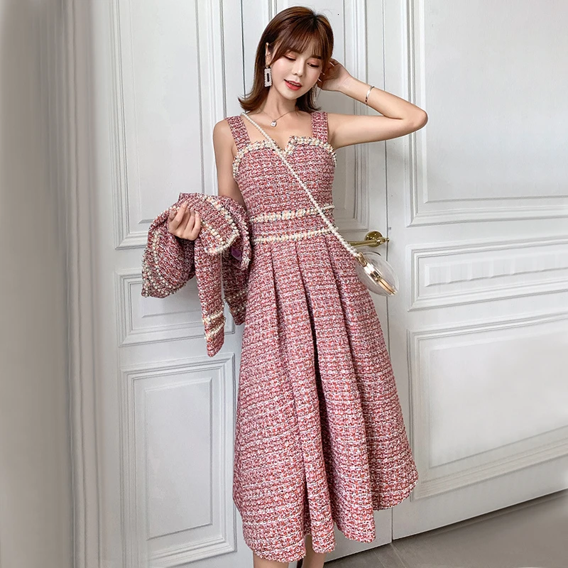 CHICEVER корейский твидовый комплект из двух предметов для женщин О образный вырез