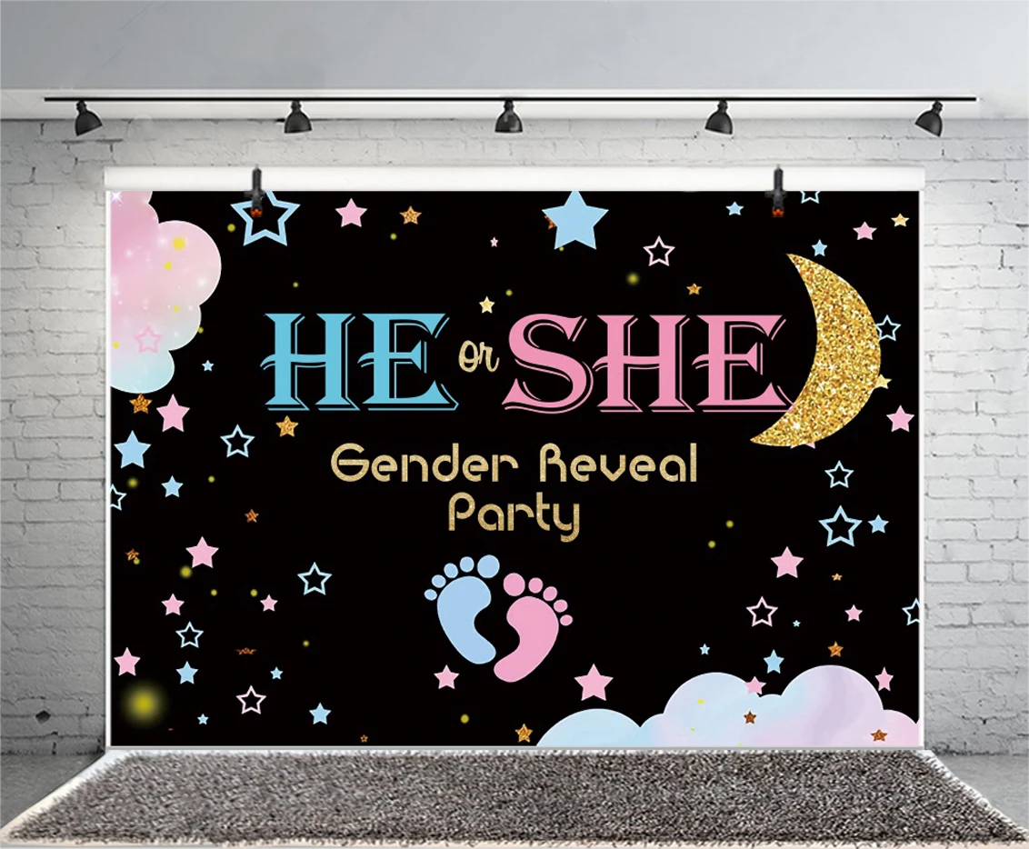 He Or She Gender Reveal Photo Backdrop Stars And Moon Baby Shower Party Custom Photography Background Decor Banner Supplies