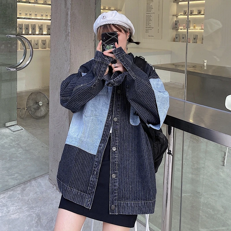 

Autumn 2020 New Loose Harajuku Contrast Color Long Sleevedenim Jacket Women Top Ins Fashionable Chaqueta Mujer Veste Femme Coat
