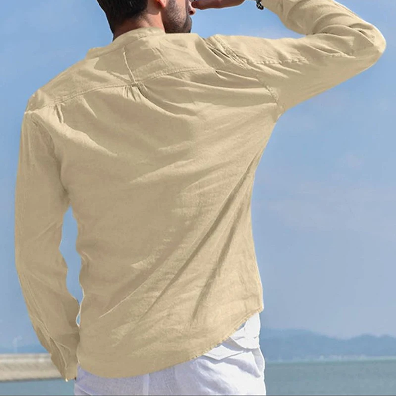 

New Men's Casual Blouse Linen Stand Collar Loose Shirt Autumn Handsome Male Shirt Fashion Solid Color Top Tee