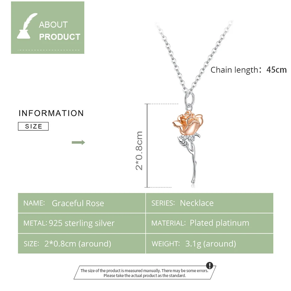 BISAER Graceful Rose Necklace 925 Sterling Silver Eternal Flower Chain Link For Female Jewelry 45cm Adjustable EFN190 | Украшения и