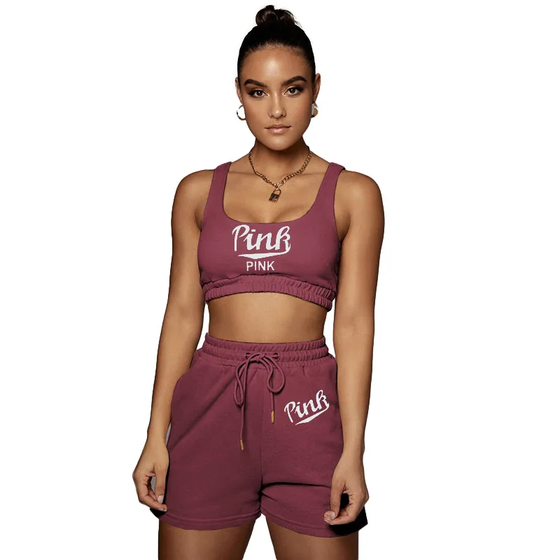 

Casual Women Biker Two Piece Set Print Letter Crop Tank Top + Short Pants Tracksuit Clothes For Women Outfit
