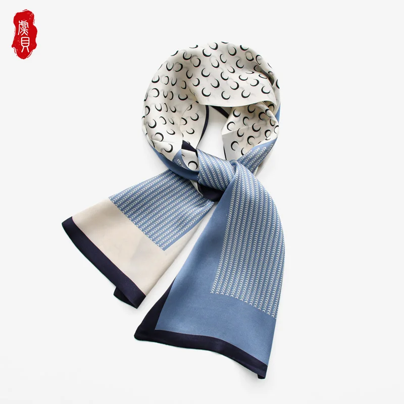 Foulard-Pañuelo de pelo largo para hombre y mujer, bandana de seda auténtica con estampado de Luna Azul, diadema de hijab, pañuelo de cinta