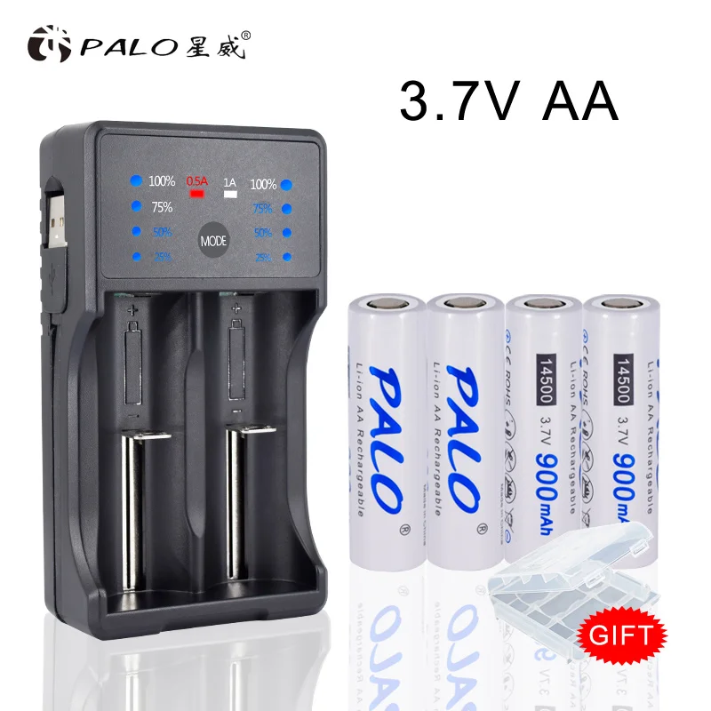 charger and 4battery PALO 3,7 V 14500 литий-ионная литиевая аккумуляторная батарея 2a batteria 900mAh с умным зарядным устройством для AA AAA 18650 14500 16350 и т. Д - Цвет: charger and 4battery
