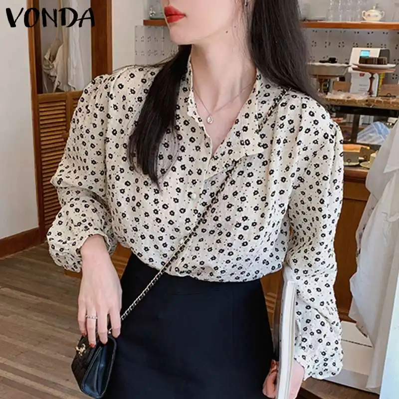 

Women Office Shirts Sexy V Neck Turn-down Collar Party Shirts 2021 VONDA Female Elegant Office Blouse Femininas 5XL