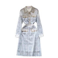 new spring autumn women turn down collar long sleeve slim dress fashion contrast color print plaids hollow out lace dress