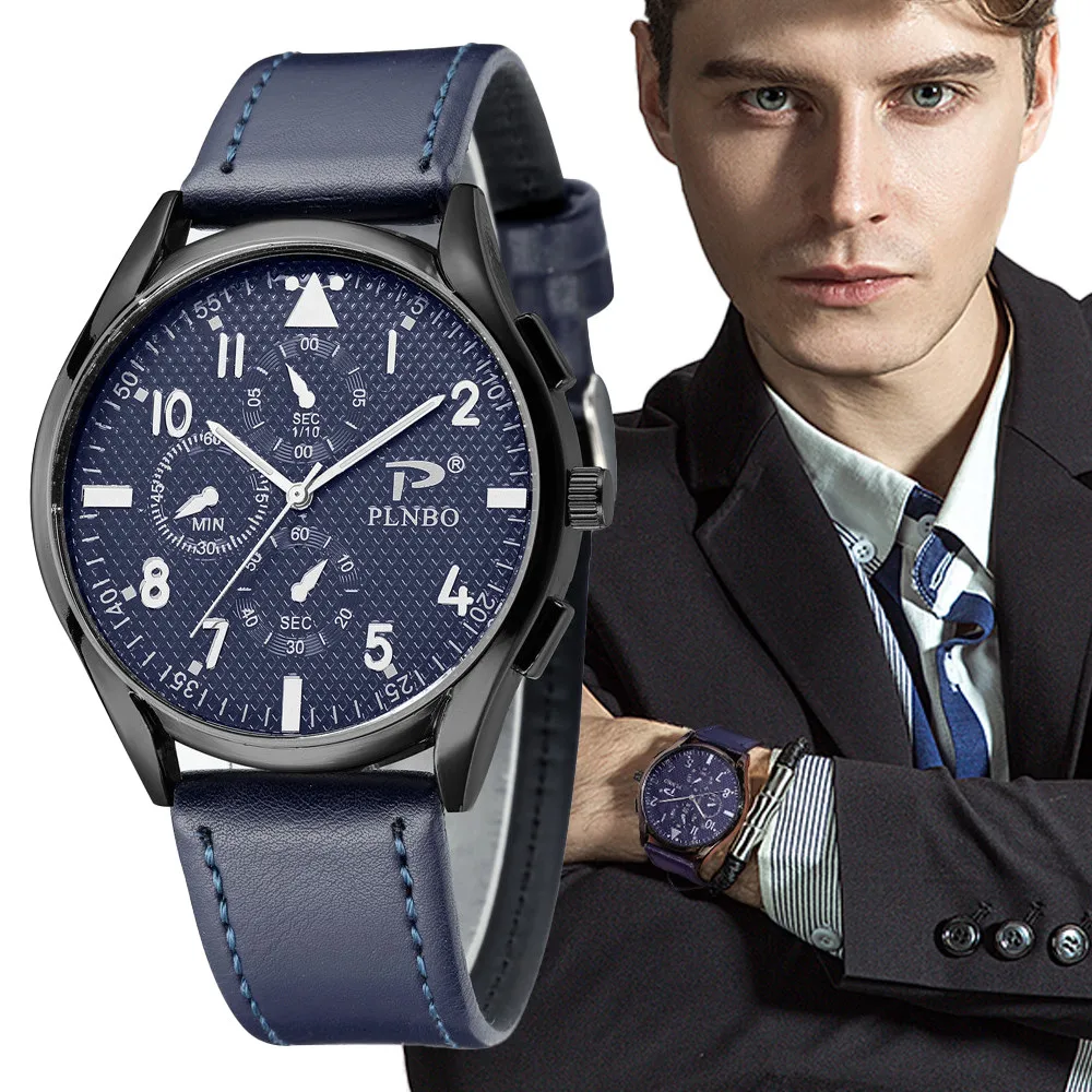 

Fashion Blue Business Wrist Watch Men Watches Famous Brand PU Leather Wristwatch Male Quartz Watch for Men Clock Hours Hodinky