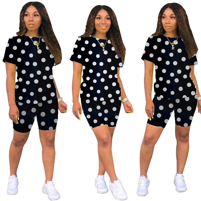 Adogirl Polka Dots Print Casual Two Piece Set O Neck Short Sleeve T Shirt Top + Shorts Plus Size S-3XL Women Tracksuit Clothing | Женская